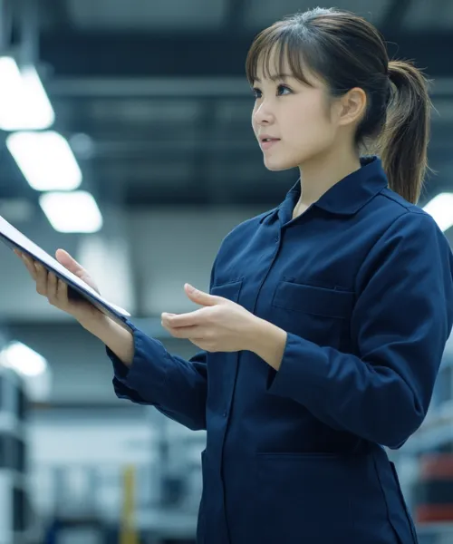 倉庫内でタブレット端末を手に持ち、作業状況や在庫を確認する女性スタッフ